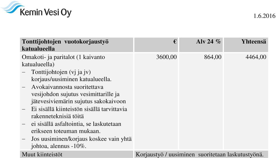 Avokaivannosta suoritettava vesijohdon sujutus vesimittarille ja jätevesiviemärin sujutus sakokaivoon Ei sisällä kiinteistön sisällä