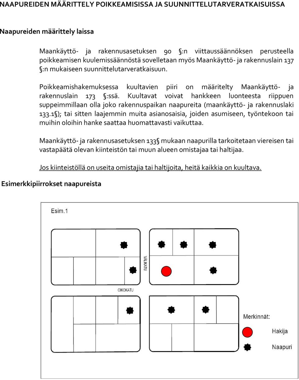 Kuultavat voivat hankkeen luonteesta riippuen suppeimmillaan olla joko rakennuspaikan naapureita (maankäyttö- ja rakennuslaki 133.