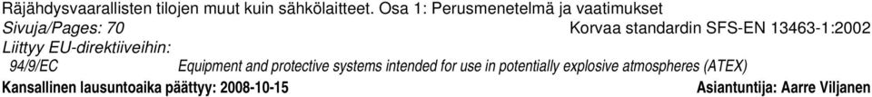 13463-1:2002 94/9/EC Equipment and protective systems intended for use in