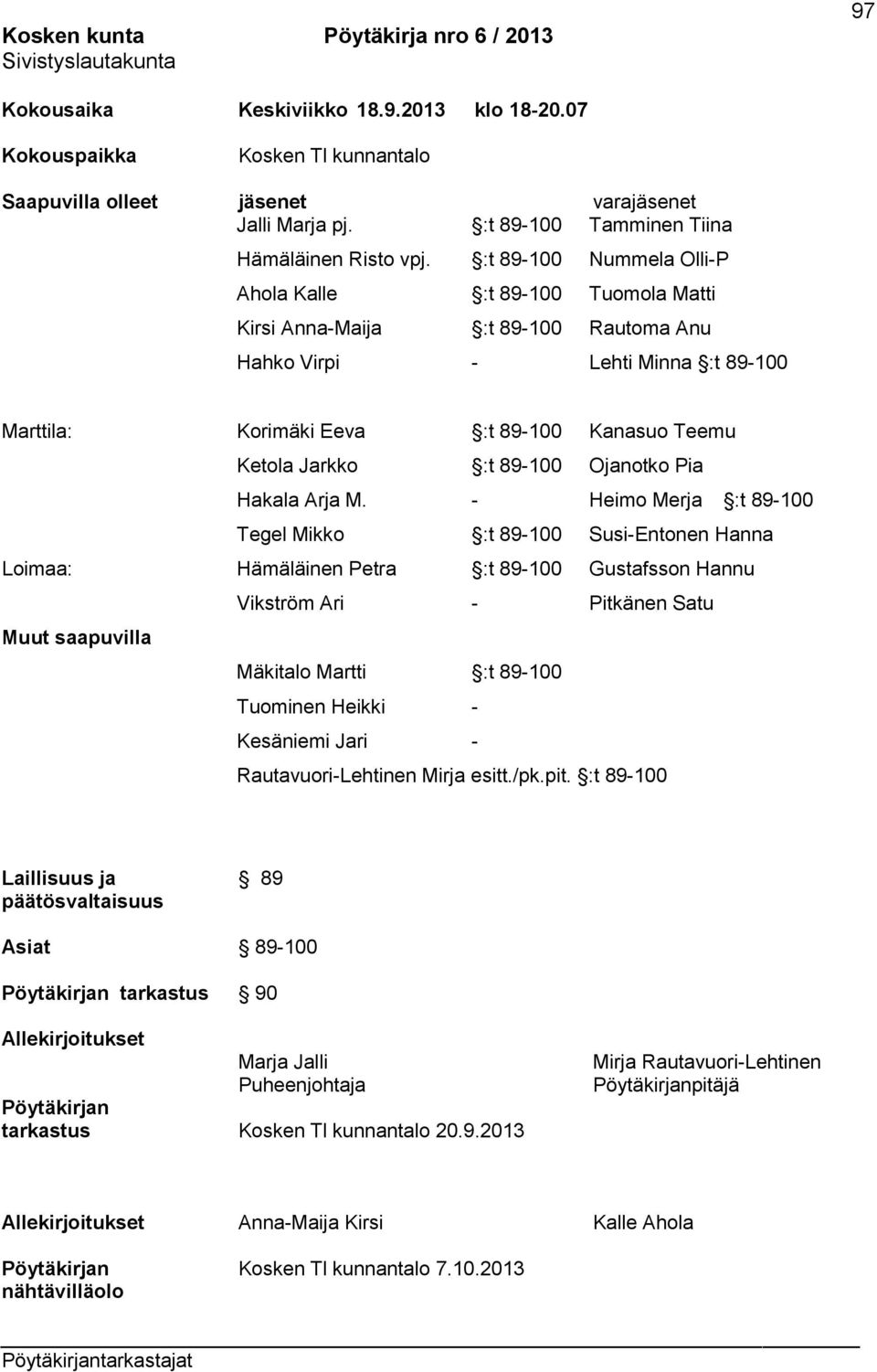 :t 89-100 Nummela Olli-P Ahola Kalle :t 89-100 Tuomola Matti Kirsi Anna-Maija :t 89-100 Rautoma Anu Hahko Virpi - Lehti Minna :t 89-100 Marttila: Korimäki Eeva :t 89-100 Kanasuo Teemu Ketola Jarkko