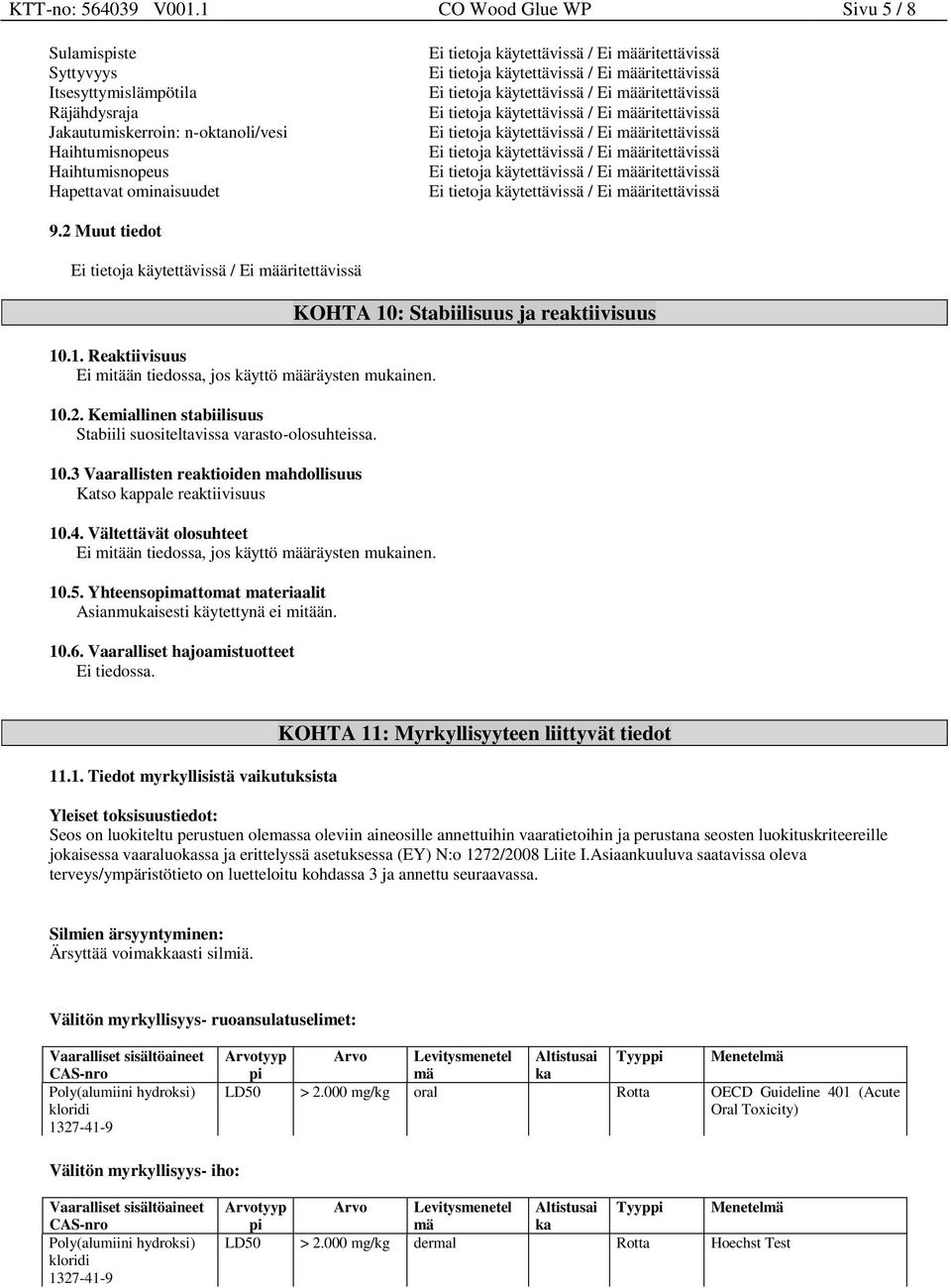 4. Vältettävät olosuhteet Ei mitään tiedossa, jos käyttö määräysten mukainen. 10.5. Yhteensopimattomat materiaalit Asianmukaisesti käytettynä ei mitään. 10.6. Vaaralliset hajoamistuotteet Ei tiedossa.