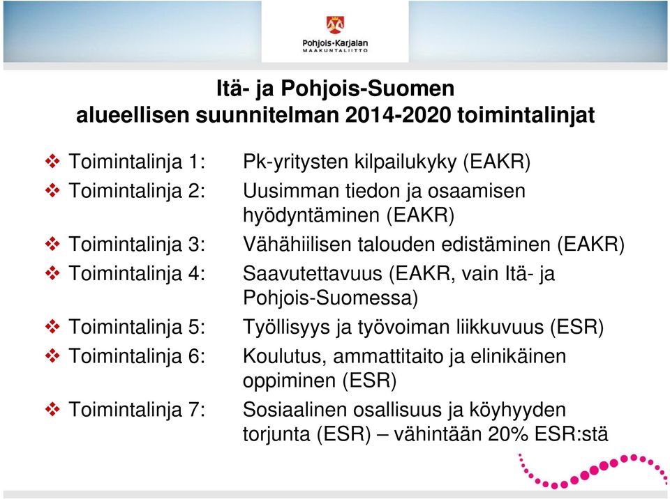 hyödyntäminen (EAKR) Vähähiilisen talouden edistäminen (EAKR) Saavutettavuus (EAKR, vain Itä- ja Pohjois-Suomessa) Työllisyys ja