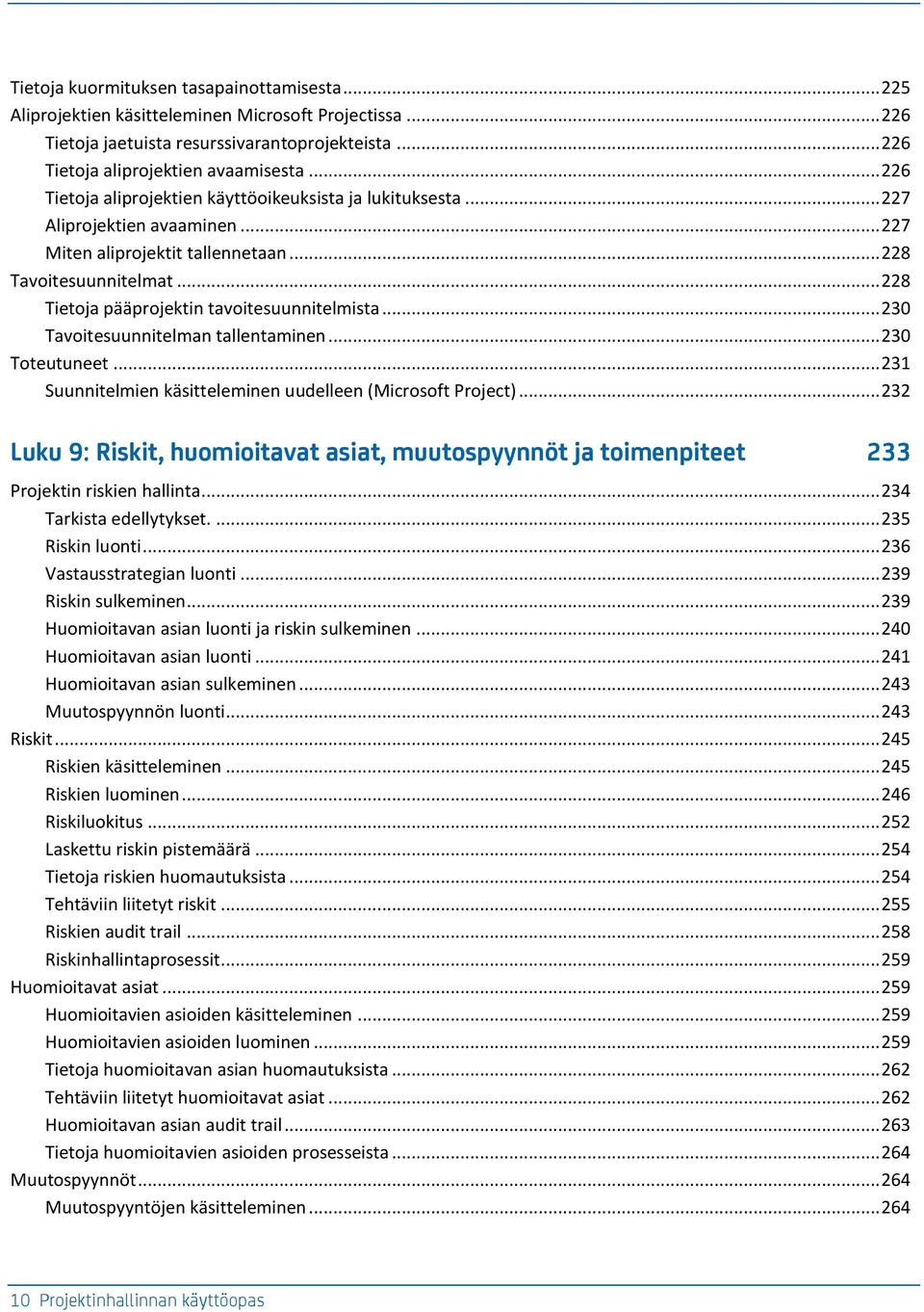 .. 228 Tietoja pääprojektin tavoitesuunnitelmista... 230 Tavoitesuunnitelman tallentaminen... 230 Toteutuneet... 231 Suunnitelmien käsitteleminen uudelleen (Microsoft Project).