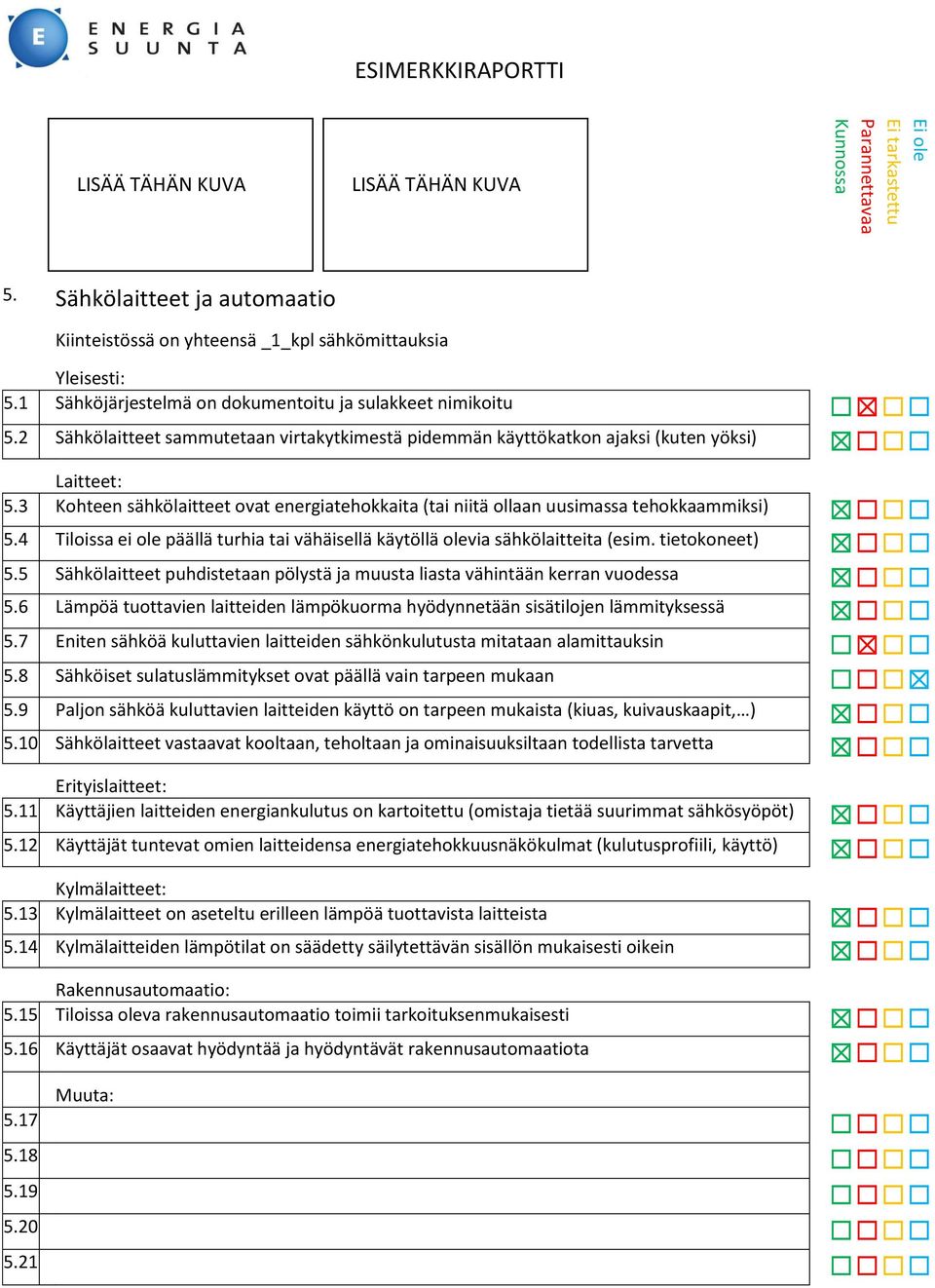 4 Tiloissa ei ole päällä turhia tai vähäisellä käytöllä olevia sähkölaitteita (esim. tietokoneet) 5.5 Sähkölaitteet puhdistetaan pölystä ja muusta liasta vähintään kerran vuodessa 5.