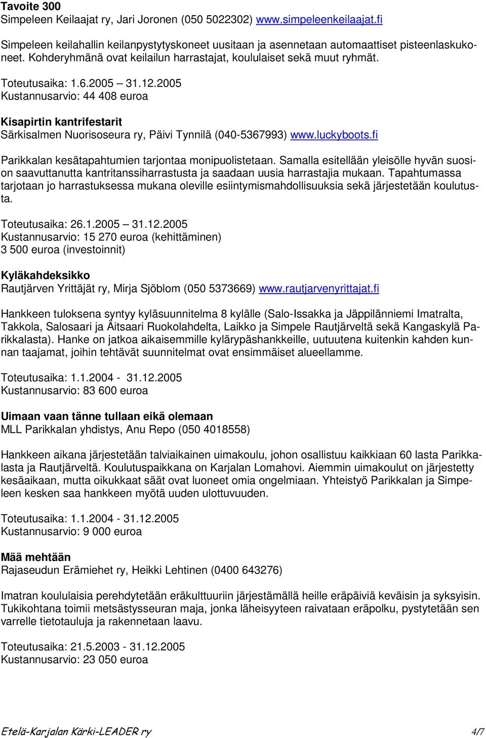 2005 Kustannusarvio: 44 408 euroa Kisapirtin kantrifestarit Särkisalmen Nuorisoseura ry, Päivi Tynnilä (040-5367993) www.luckyboots.fi Parikkalan kesätapahtumien tarjontaa monipuolistetaan.