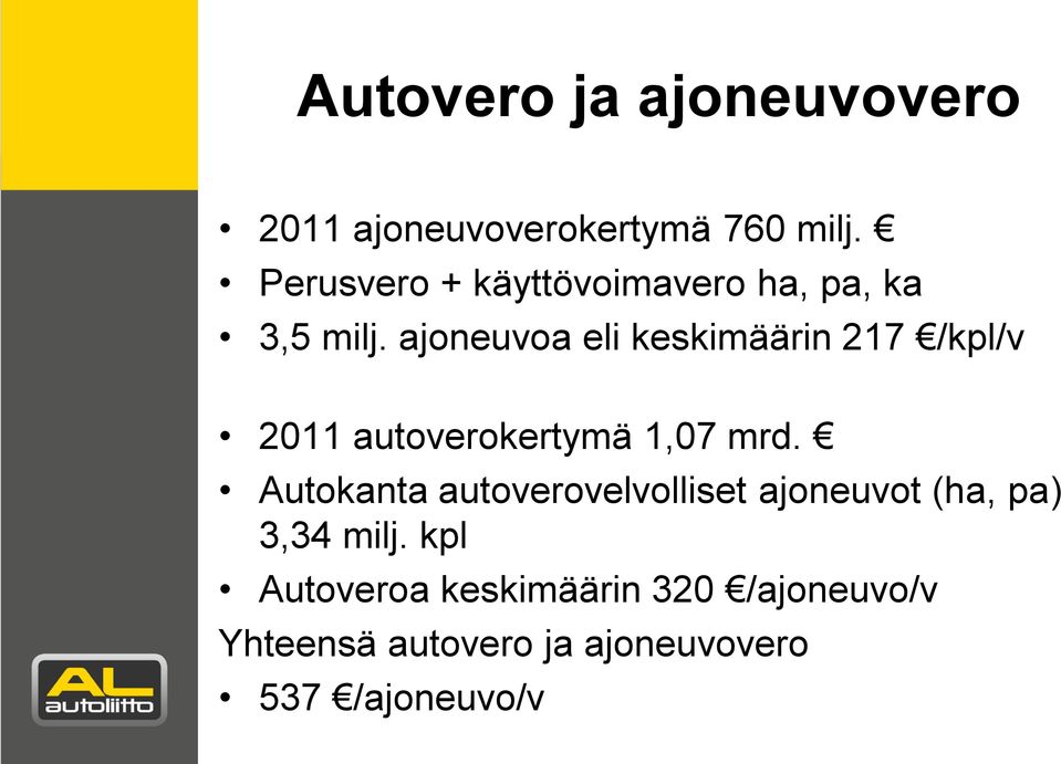 ajoneuvoa eli keskimäärin 217 /kpl/v 2011 autoverokertymä 1,07 mrd.