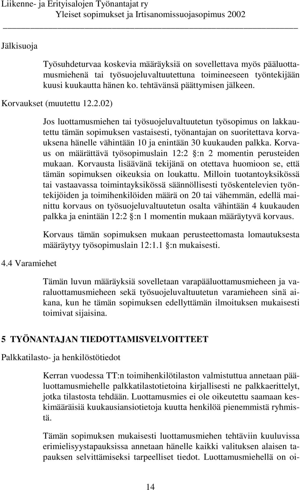 4 Varamiehet Jos luottamusmiehen tai työsuojeluvaltuutetun työsopimus on lakkautettu tämän sopimuksen vastaisesti, työnantajan on suoritettava korvauksena hänelle vähintään 10 ja enintään 30