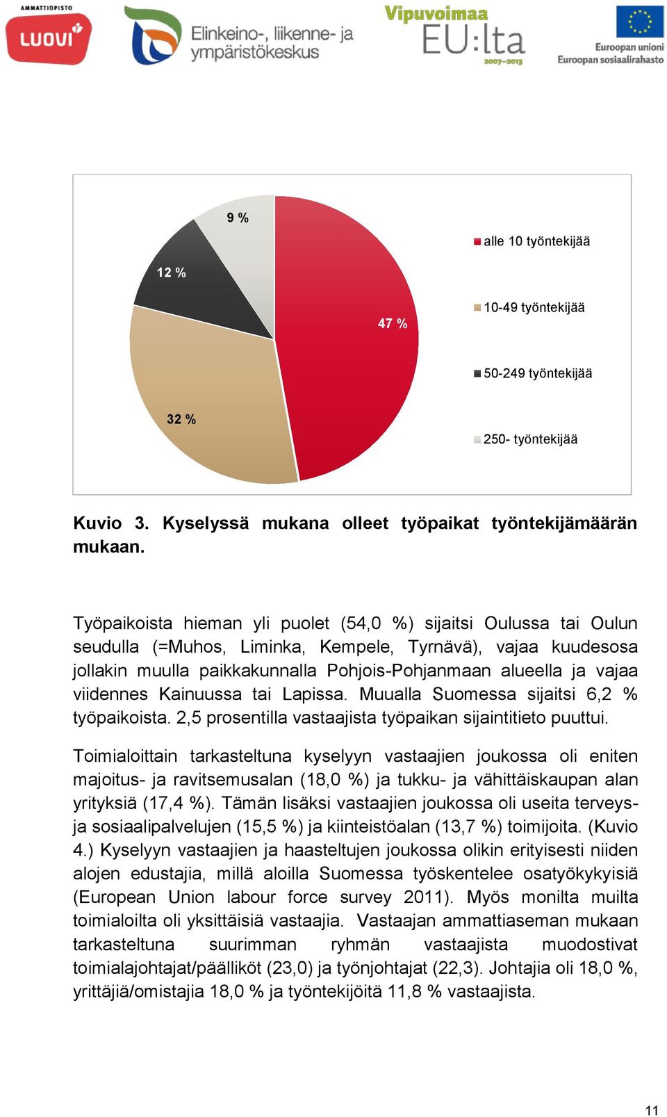 viidennes Kainuussa tai Lapissa. Muualla Suomessa sijaitsi 6,2 % työpaikoista. 2,5 prosentilla vastaajista työpaikan sijaintitieto puuttui.