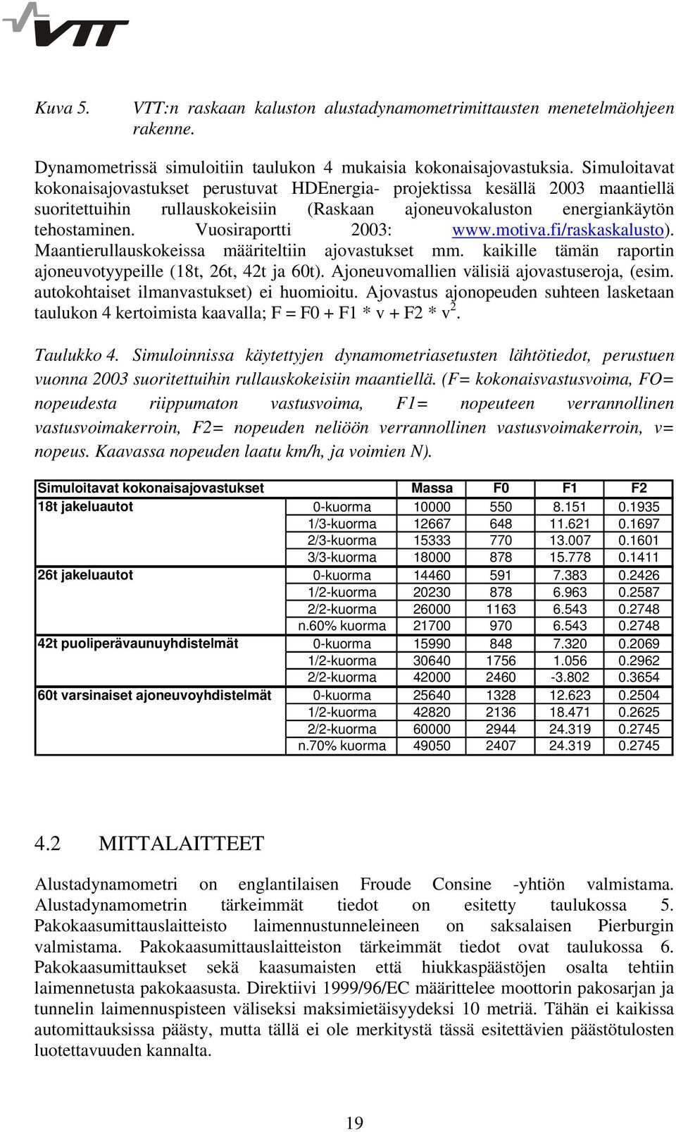 Vuosiraportti 2003: www.motiva.fi/raskaskalusto). Maantierullauskokeissa määriteltiin ajovastukset mm. kaikille tämän raportin ajoneuvotyypeille (18t, 26t, 42t ja 60t).