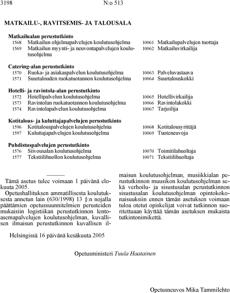 koulutusohjelma 10064 Suurtalouskokki Hotelli- ja ravintola-alan perustutkinto 1572 Hotellipalvelun koulutusohjelma 10065 Hotellivirkailija 1573 Ravintolan ruokatuotannon koulutusohjelma 10066