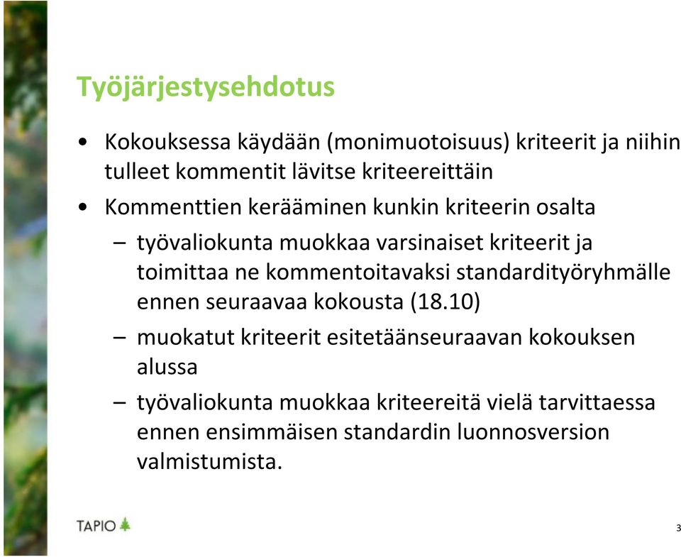 toimittaa ne kommentoitavaksi standardityöryhmälle ennen seuraavaa kokousta (18.