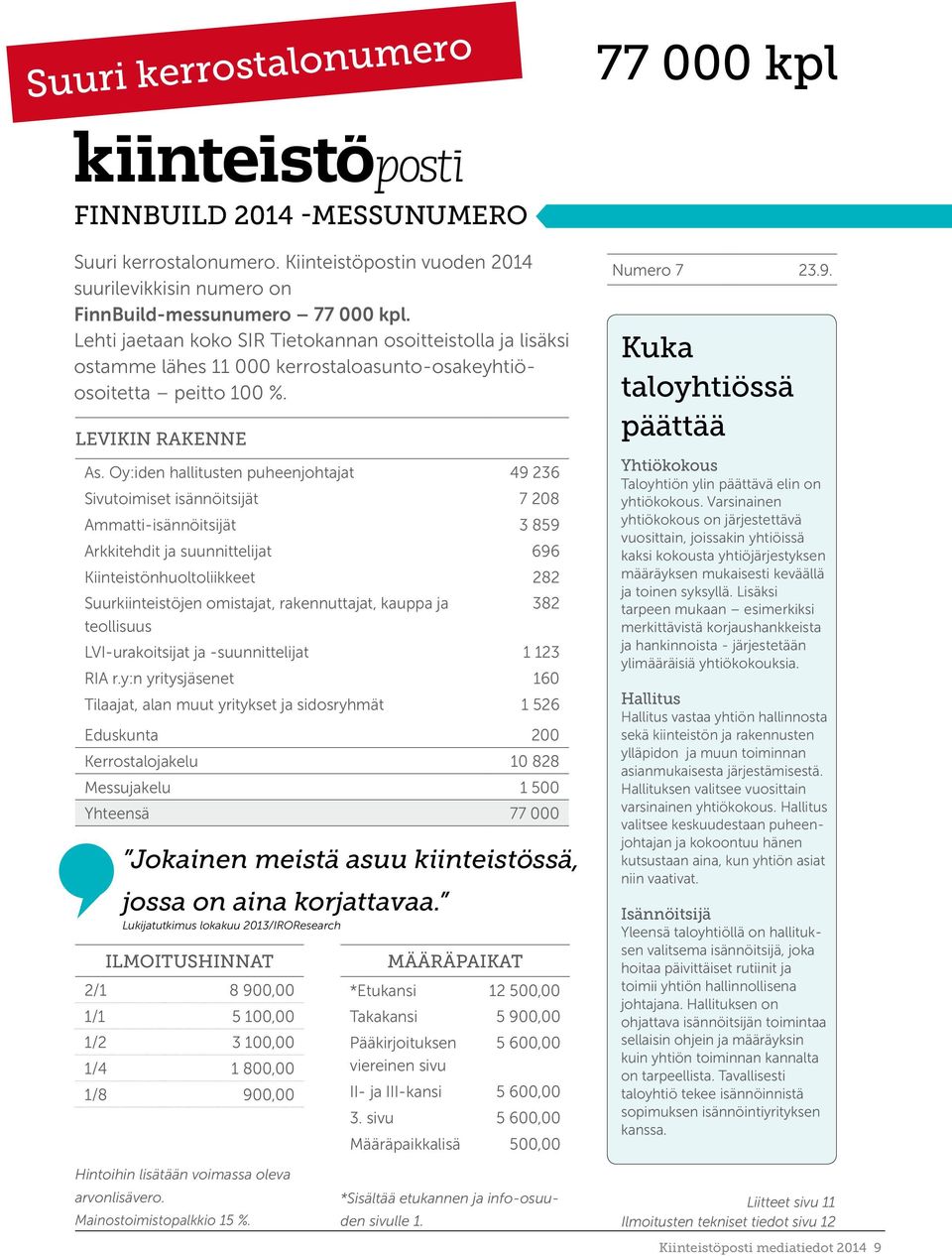 Oy:iden 49 236 Sivutoimiset isännöitsijät 7 208 Ammatti-isännöitsijät 3 859 Arkkitehdit ja suunnittelijat 696 Kiinteistönhuoltoliikkeet 282 Suurkiinteistöjen omistajat, rakennuttajat, kauppa ja 382