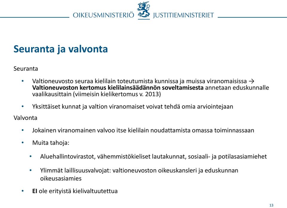 2013) Yksittäiset kunnat ja valtion viranomaiset voivat tehdä omia arviointejaan Valvonta Jokainen viranomainen valvoo itse kielilain noudattamista omassa