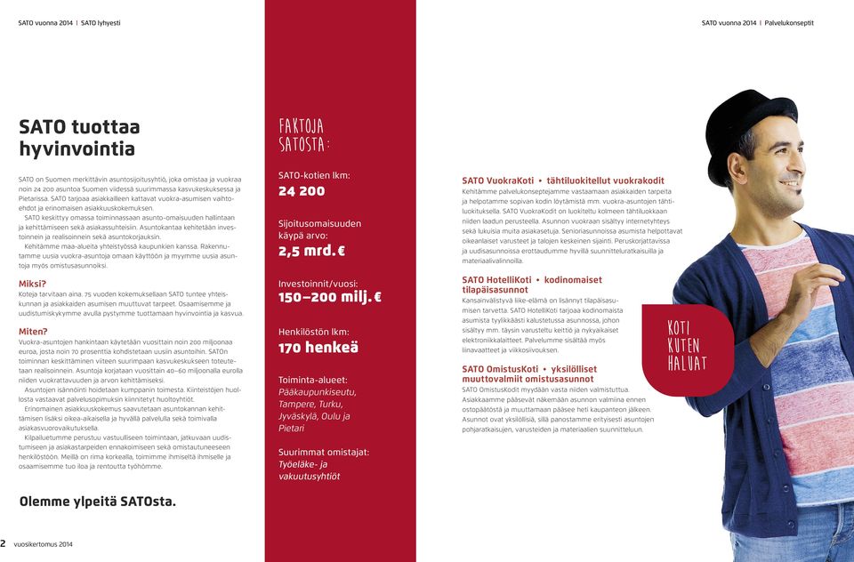 SATO keskittyy omassa toiminnassaan asunto-omaisuuden hallintaan ja kehittämiseen sekä asiakassuhteisiin. Asuntokantaa kehitetään investoinnein ja realisoinnein sekä asuntokorjauksin.