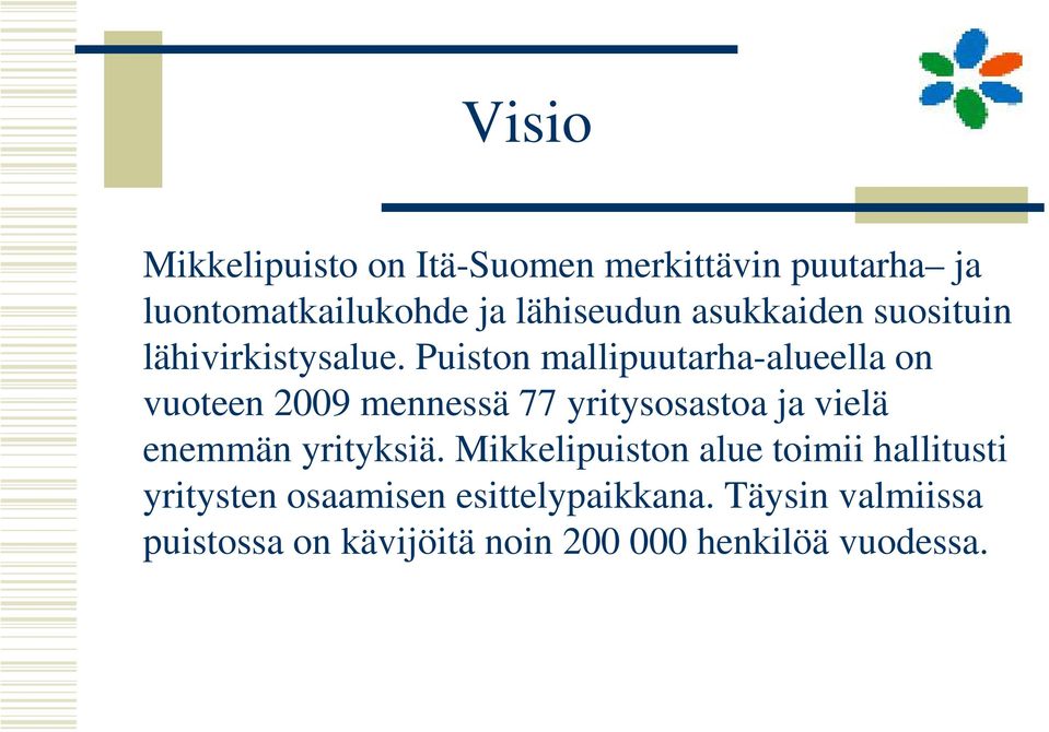 Puiston mallipuutarha-alueella on vuoteen 2009 mennessä 77 yritysosastoa ja vielä enemmän