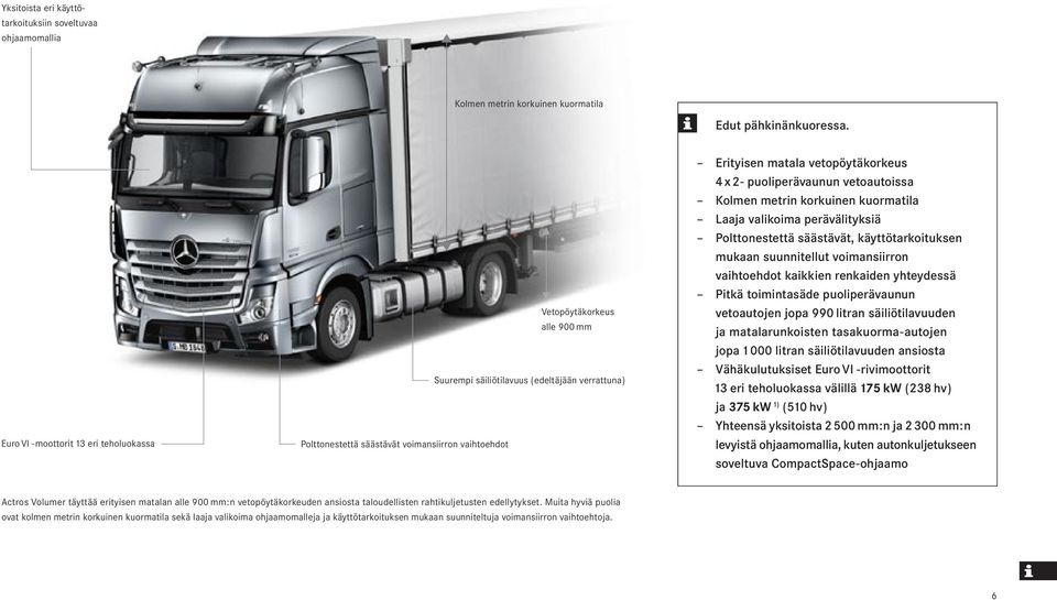 vetopöytäkorkeus 4 x 2- puoliperävaunun vetoautoissa Kolmen metrin korkuinen kuormatila Laaja valikoima perävälityksiä Polttonestettä säästävät, käyttötarkoituksen mukaan suunnitellut voimansiirron