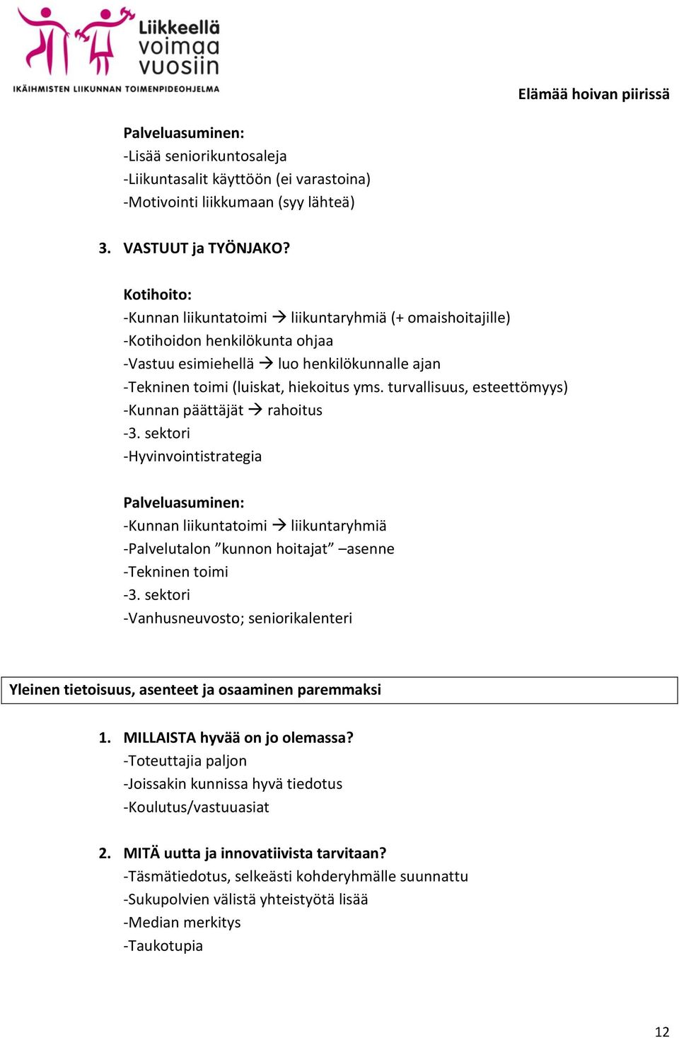 sektori -Hyvinvointistrategia Palveluasuminen: -Kunnan liikuntatoimi liikuntaryhmiä -Palvelutalon kunnon hoitajat asenne -Tekninen toimi -3.