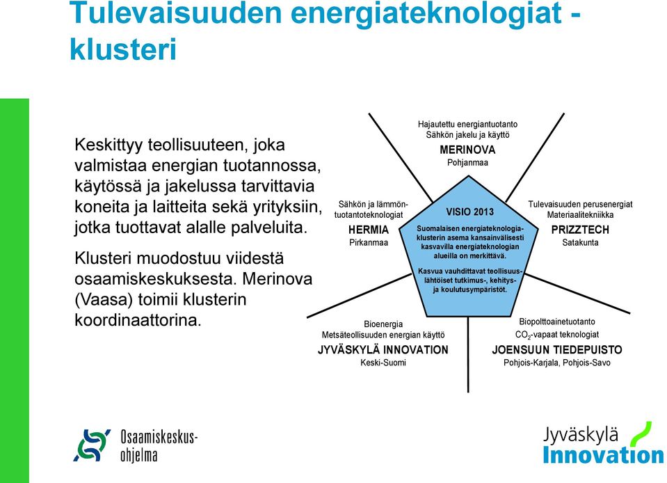 Sähkön ja lämmöntuotantoteknologiat HERMIA Pirkanmaa Bioenergia Metsäteollisuuden energian käyttö JYVÄSKYLÄ INNOVATION Keski-Suomi Hajautettu energiantuotanto Sähkön jakelu ja käyttö MERINOVA