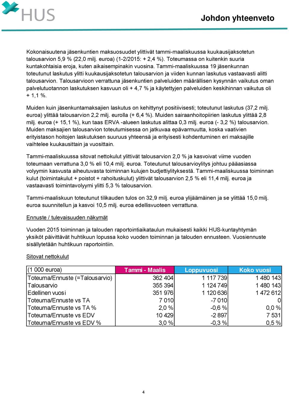 Tammi-maaliskuussa 19 jäsenkunnan toteutunut laskutus ylitti kuukausijaksotetun talousarvion ja viiden kunnan laskutus vastaavasti alitti talousarvion.