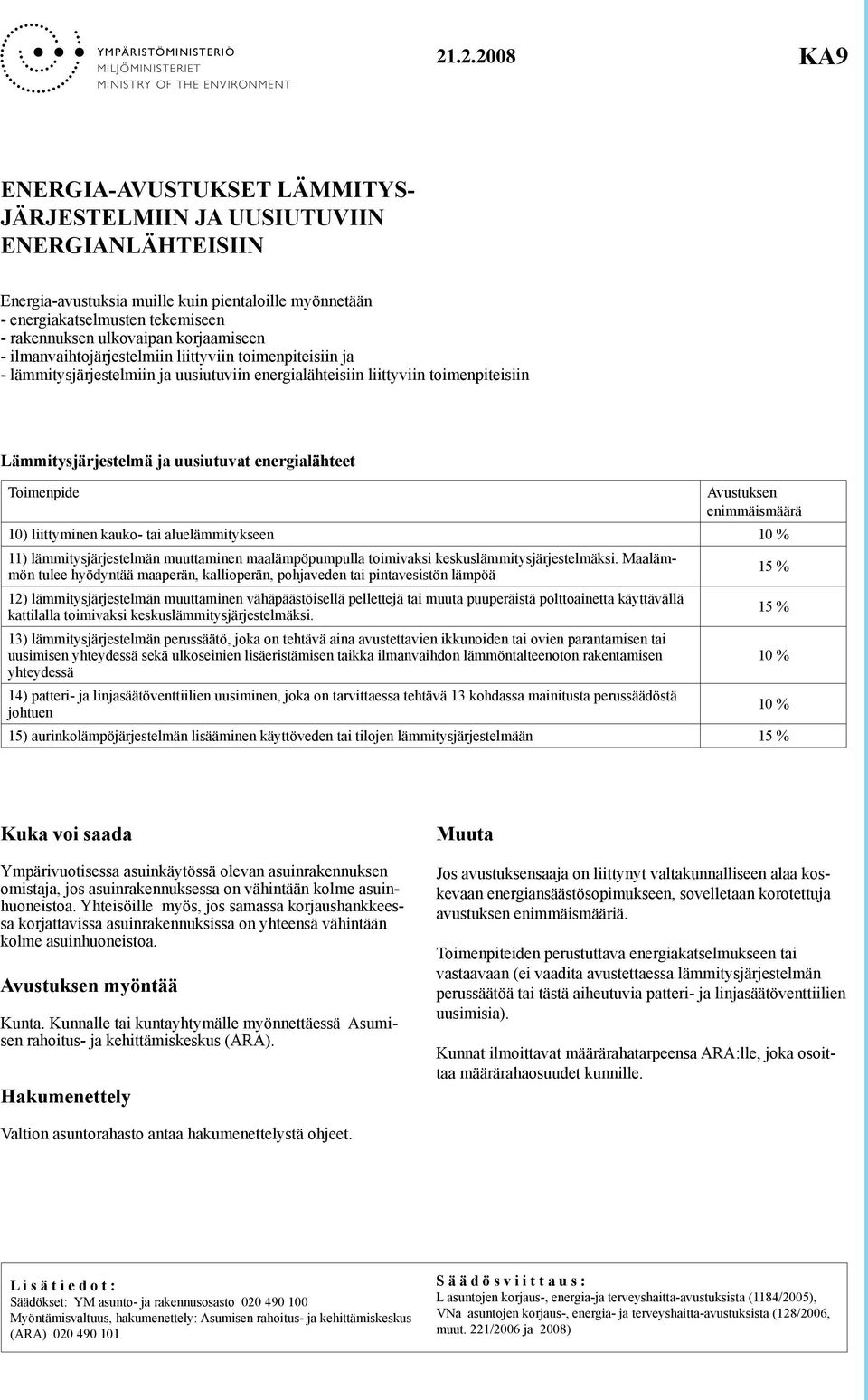 ulkovaipan korjaamiseen - ilmanvaihtojärjestelmiin liittyviin toimenpiteisiin ja - lämmitysjärjestelmiin ja uusiutuviin energialähteisiin liittyviin toimenpiteisiin Lämmitysjärjestelmä ja uusiutuvat