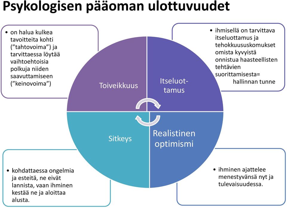 omista kyvyistä onnistua haasteellisten tehtävien suorittamisesta= hallinnan tunne Sitkeys Realistinen optimismi kohdattaessa