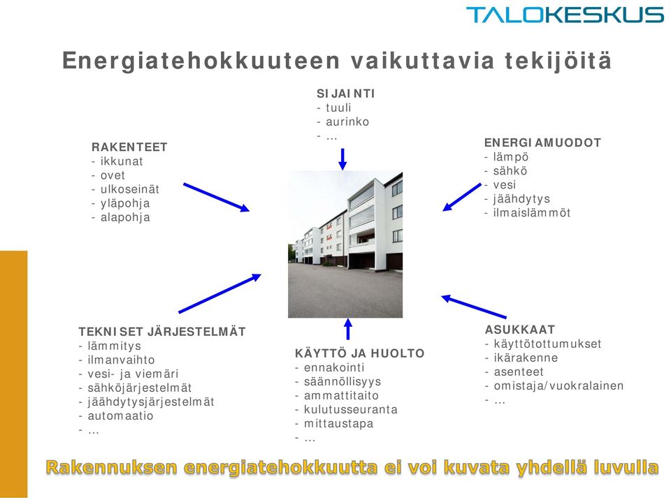 vesi- ja viemäri - sähköjärjestelmät - jäähdytysjärjestelmät - automaatio - KÄYTTÖ JA HUOLTO - ennakointi - säännöllisyys -