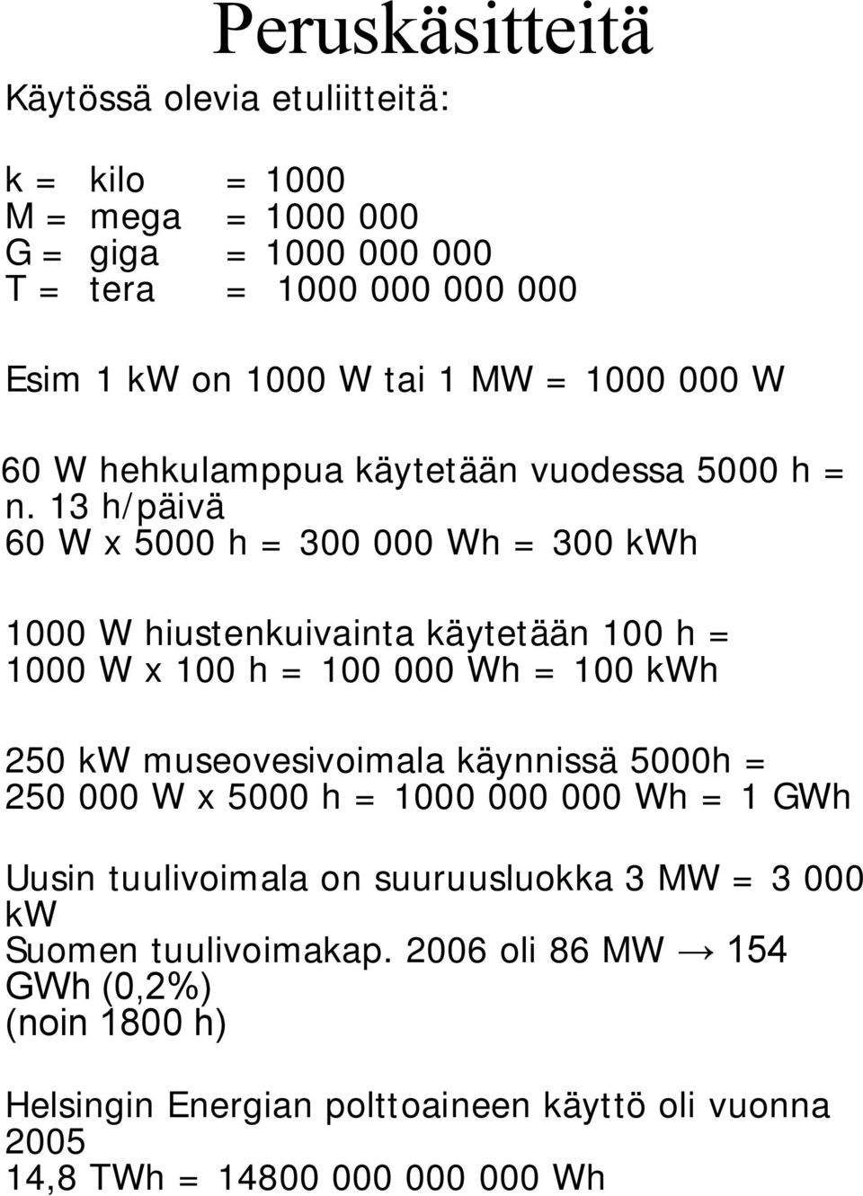 13 h/päivä 60 W x 5000 h = 300 000 Wh = 300 kwh 1000 W hiustenkuivainta käytetään 100 h = 1000 W x 100 h = 100 000 Wh = 100 kwh 250 kw museovesivoimala