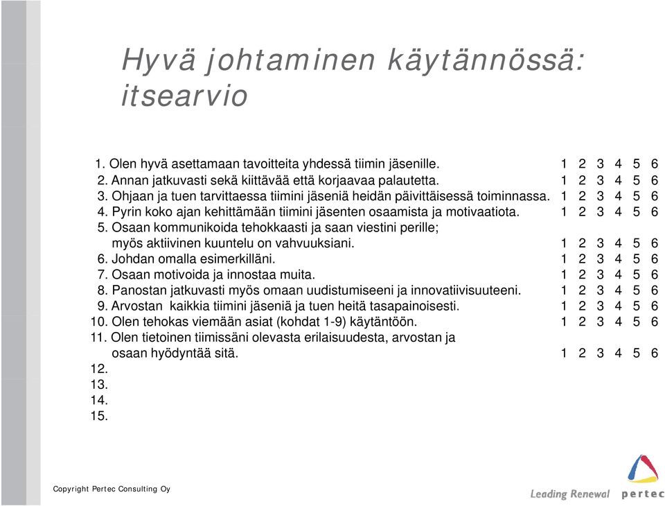 Osaan kommunikoida tehokkaasti ja saan viestini perille; myös aktiivinen kuuntelu on vahvuuksiani. 1 2 3 4 5 6 6. Johdan omalla esimerkilläni. 1 2 3 4 5 6 7. Osaan motivoida ja innostaa muita.