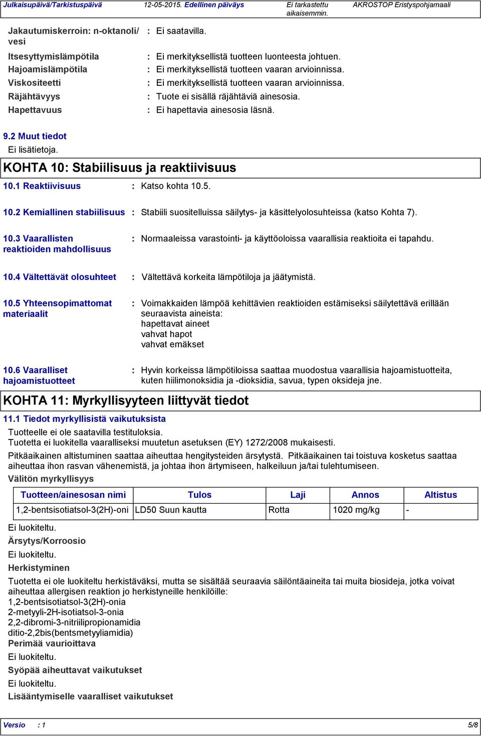 Ei hapettavia ainesosia läsnä. 9.2 Muut tiedot Ei lisätietoja. KOHTA 10 Stabiilisuus ja reaktiivisuus 10.1 Reaktiivisuus Katso kohta 10.5. 10.2 Kemiallinen stabiilisuus Stabiili suositelluissa säilytys ja käsittelyolosuhteissa (katso Kohta 7).