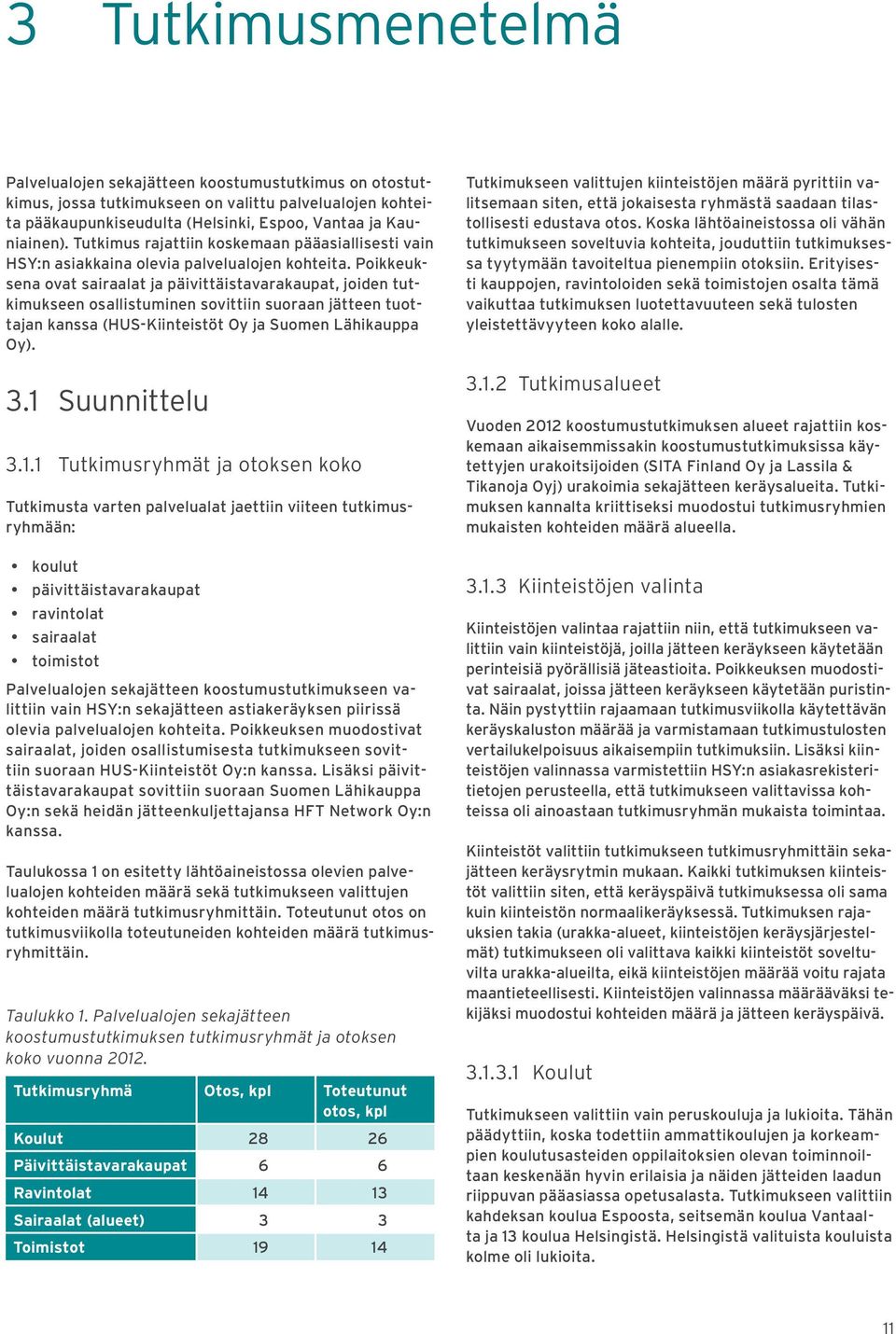 Poikkeuksena ovat sairaalat ja päivittäistavarakaupat, joiden tutkimukseen osallistuminen sovittiin suoraan jätteen tuottajan kanssa (HUS-Kiinteistöt Oy ja Suomen Lähikauppa Oy). 3.1 