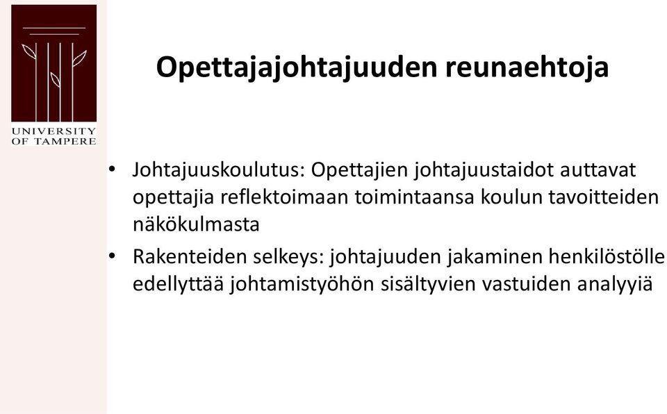 koulun tavoitteiden näkökulmasta Rakenteiden selkeys: johtajuuden