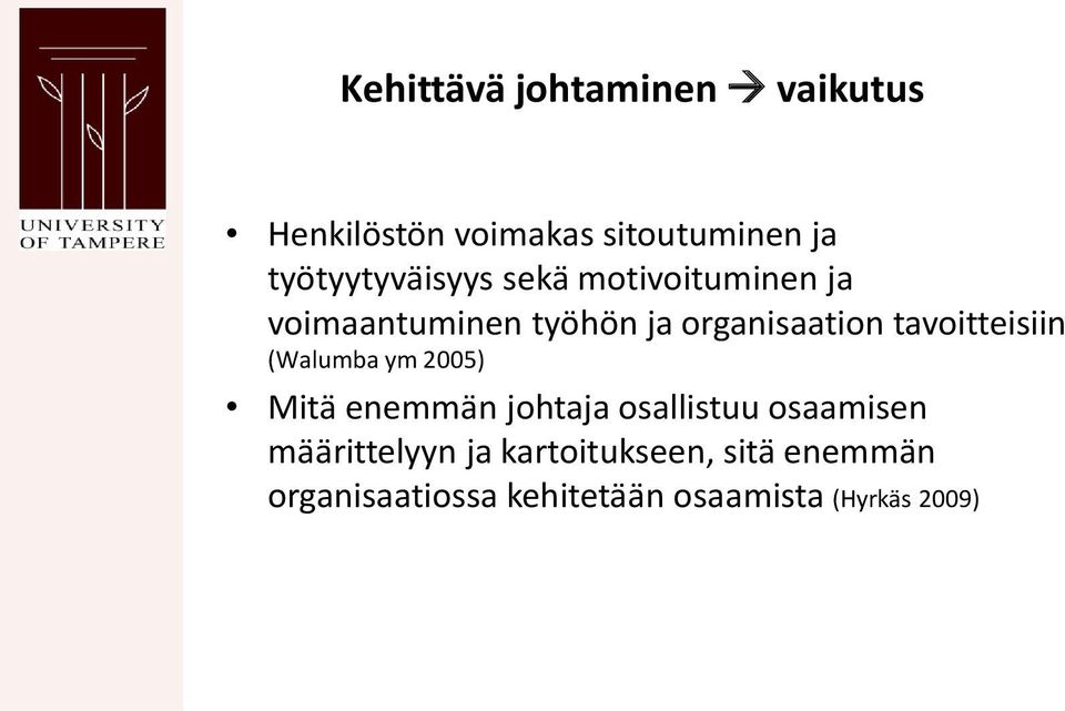 tavoitteisiin (Walumba ym 2005) Mitä enemmän johtaja osallistuu osaamisen