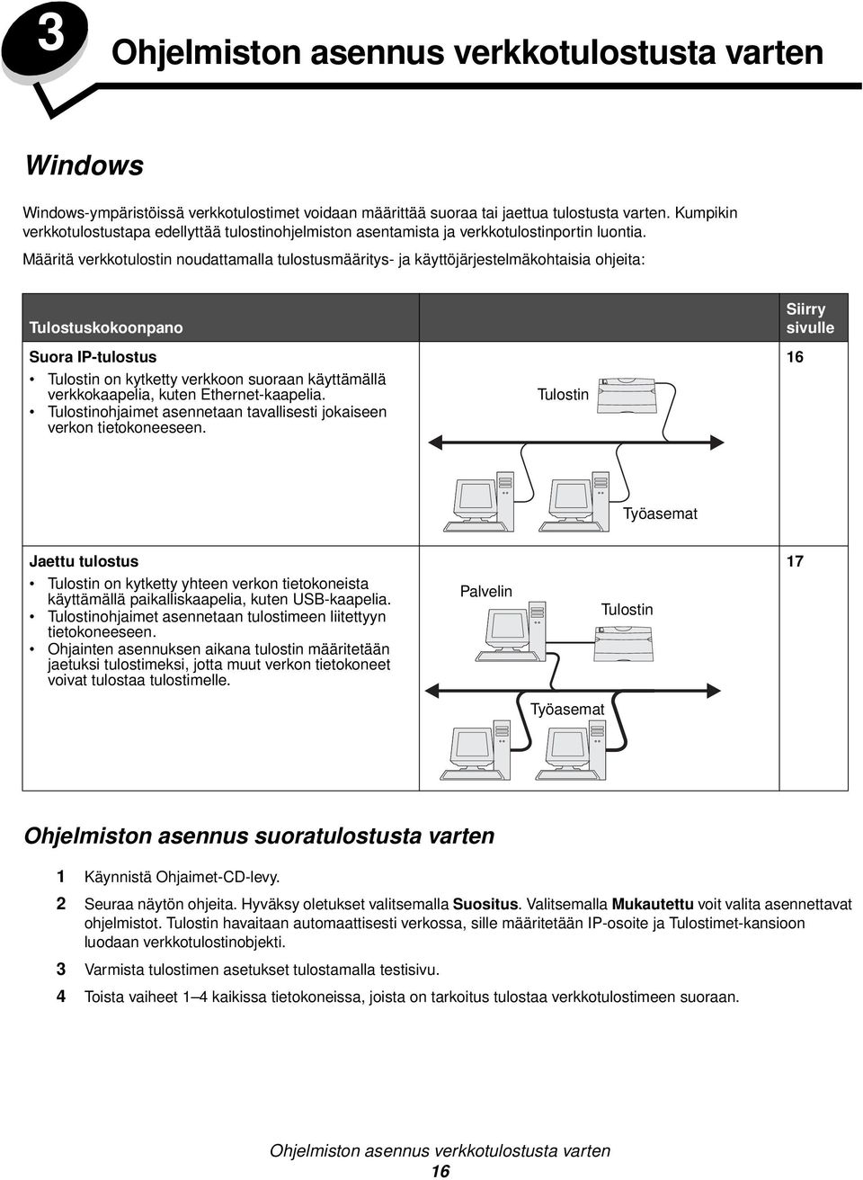 Määritä verkkotulostin noudattamalla tulostusmääritys- ja käyttöjärjestelmäkohtaisia ohjeita: Tulostuskokoonpano Suora IP-tulostus Tulostin on kytketty verkkoon suoraan käyttämällä verkkokaapelia,