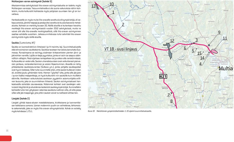 13 10 1 Hankealueella on myös muita liito-oravalle soveltuvia elinympäristöjä, eli sekapuustoisia, järeitä haapoja ja pesäpuiksi soveltuvia kuusia kasvavia metsäalueita. Kohteet on merkitty kuvaan 20.