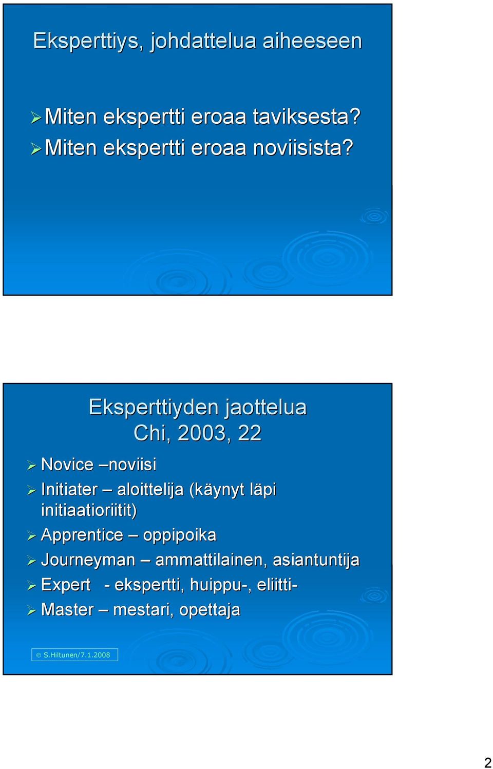 Eksperttiyden jaottelua Chi, 2003, 22 Novice noviisi Initiater aloittelija (käynyt läpi