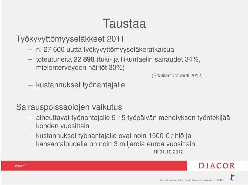 mielenterveyden häiriöt 30%) kustannukset työnantajalle (Etk-tilastoraportti 2012) Sairauspoissaolojen vaikutus