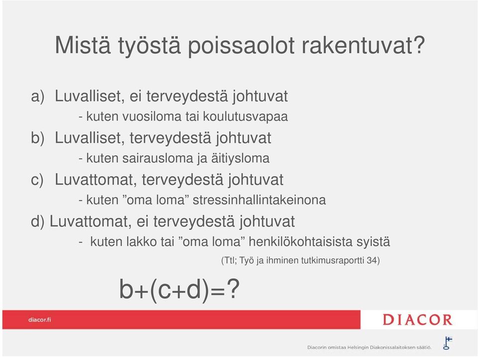 tä johtuvat t - kuten sairausloma ja äitiysloma c) Luvattomat, terveydestä johtuvat - kuten oma loma