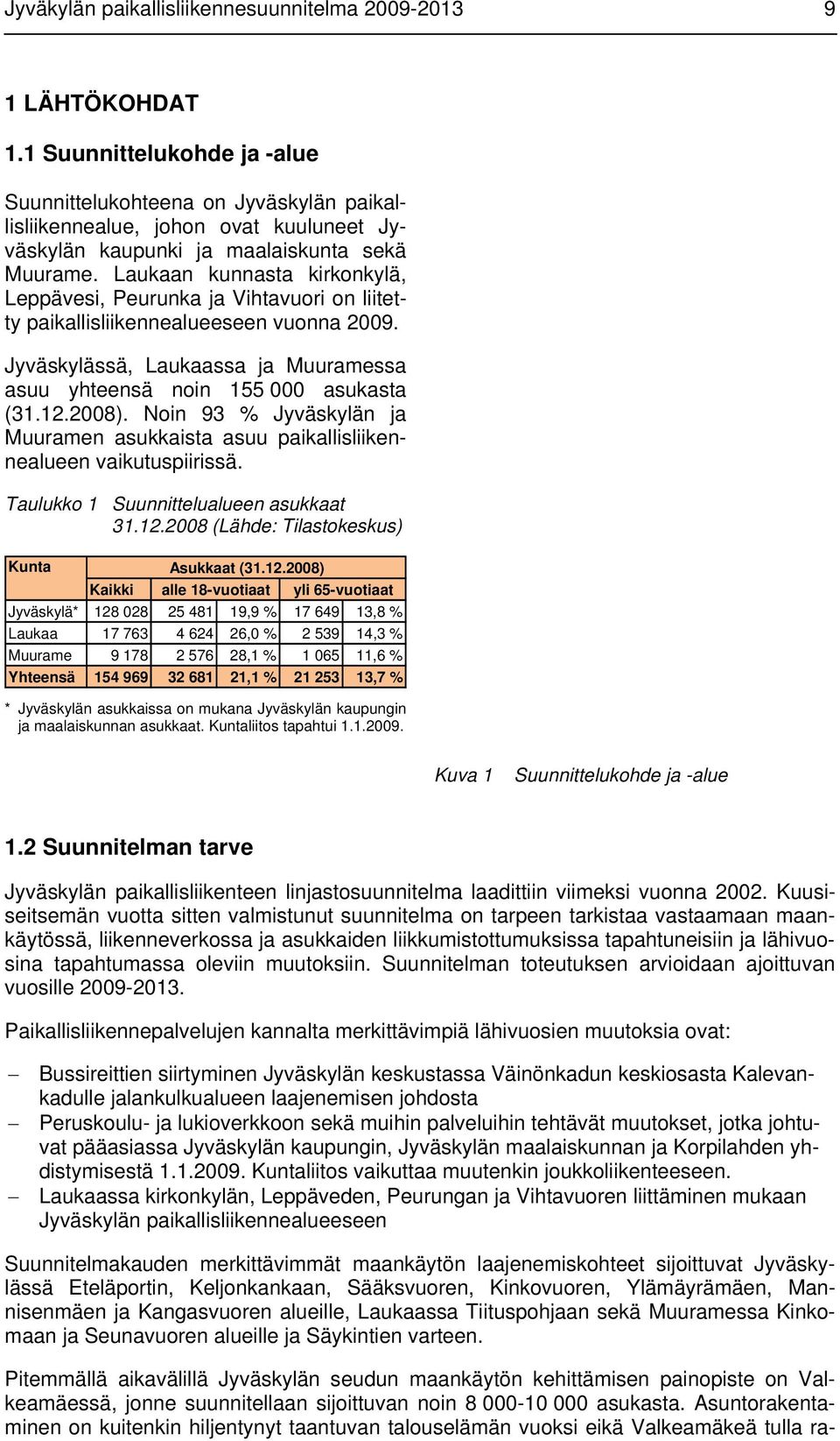 Laukaan kunnasta kirkonkylä, Leppävesi, Peurunka ja Vihtavuori on liitetty paikallisliikennealueeseen vuonna 2009. Jyväskylässä, Laukaassa ja Muuramessa asuu yhteensä noin 155 000 asukasta (31.12.