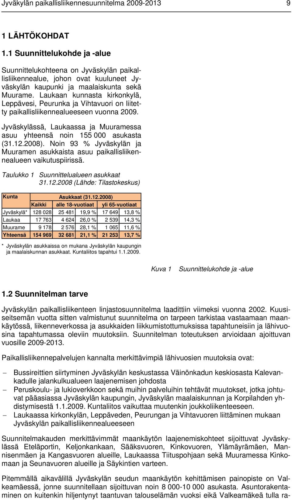 Laukaan kunnasta kirkonkylä, Leppävesi, Peurunka ja Vihtavuori on liitetty paikallisliikennealueeseen vuonna 2009. Jyväskylässä, Laukaassa ja Muuramessa asuu yhteensä noin 155 000 asukasta (31.12.