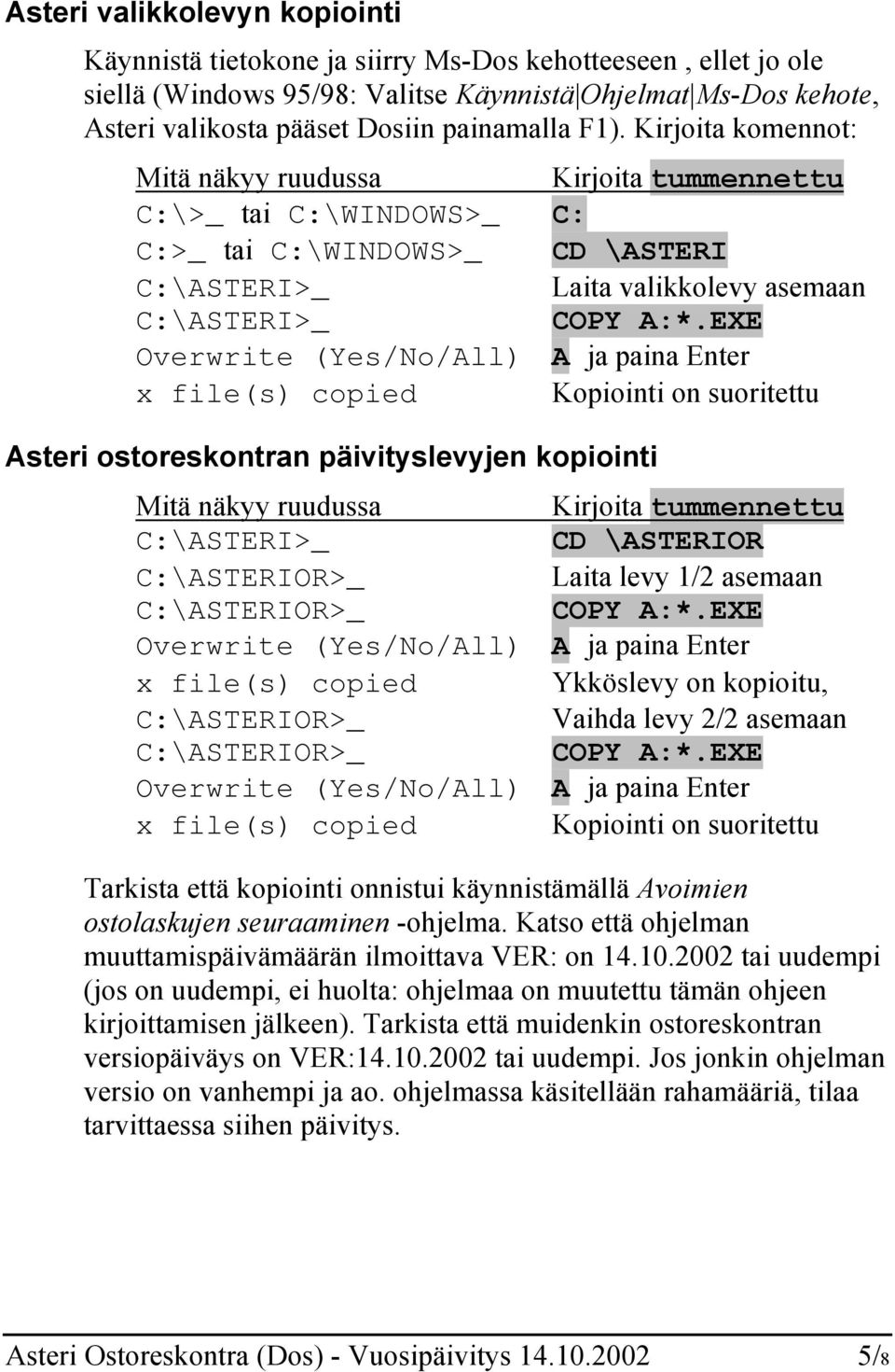 EXE Overwrite (Yes/No/All) A ja paina Enter x file(s) copied Kopiointi on suoritettu Asteri ostoreskontran päivityslevyjen kopiointi Mitä näkyy ruudussa Kirjoita tummennettu C:\ASTERI>_ CD \ASTERIOR