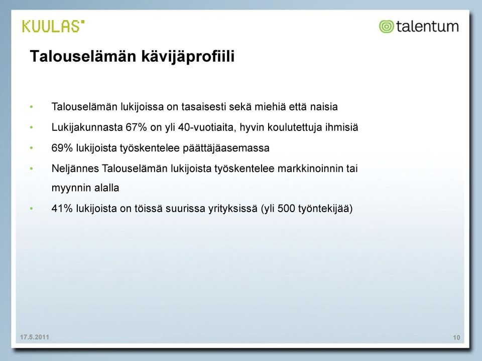 työskentelee päättäjäasemassa Neljännes Talouselämän lukijoista työskentelee