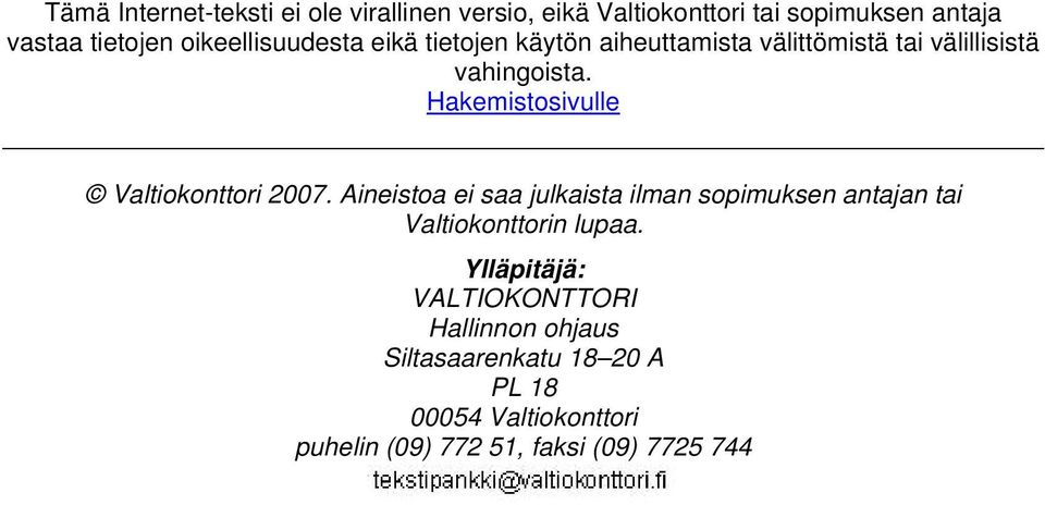 Hakemistosivulle Valtiokonttori 2007.