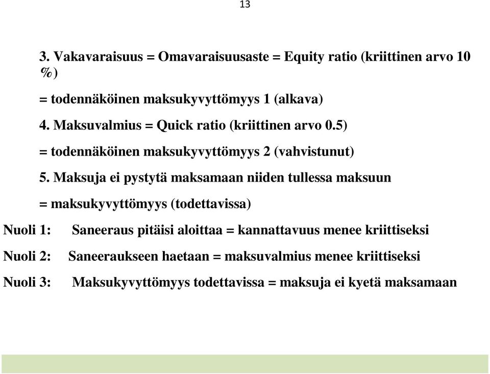 Maksuja ei pystytä maksamaan niiden tullessa maksuun = maksukyvyttömyys (todettavissa) Nuoli 1: Nuoli 2: Nuoli 3: Saneeraus