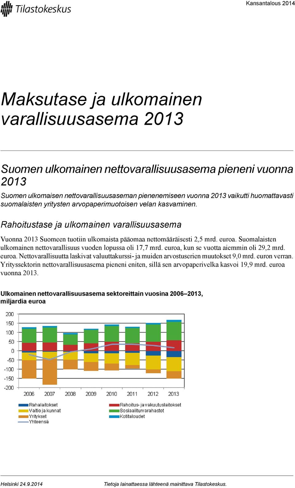 Suomalaisten ulkomainen nettovarallisuus vuoden lopussa oli 17,7 mrd euroa, kun se vuotta aiemmin oli 29,2 mrd euroa Nettovarallisuutta laskivat valuuttakurssi- ja muiden arvostuserien muutokset 9,0