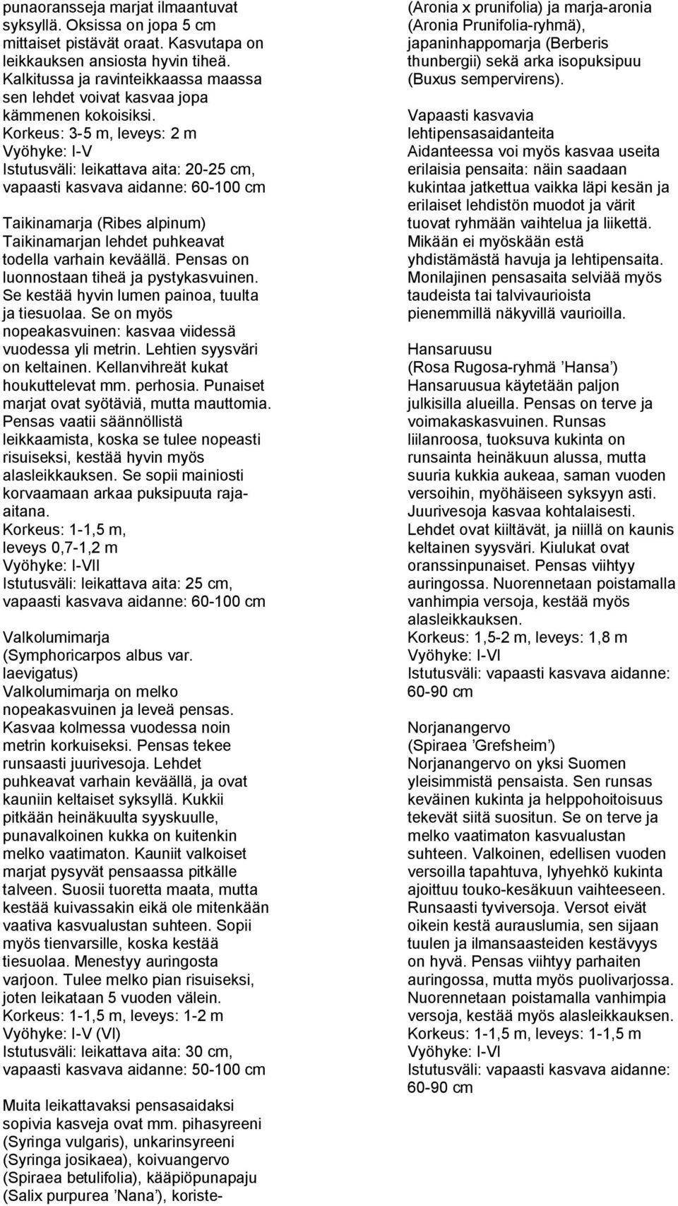 Korkeus: 3-5 m, leveys: 2 m Vyöhyke: I-V Istutusväli: leikattava aita: 20-25 cm, vapaasti kasvava aidanne: 60-100 cm Taikinamarja (Ribes alpinum) Taikinamarjan lehdet puhkeavat todella varhain