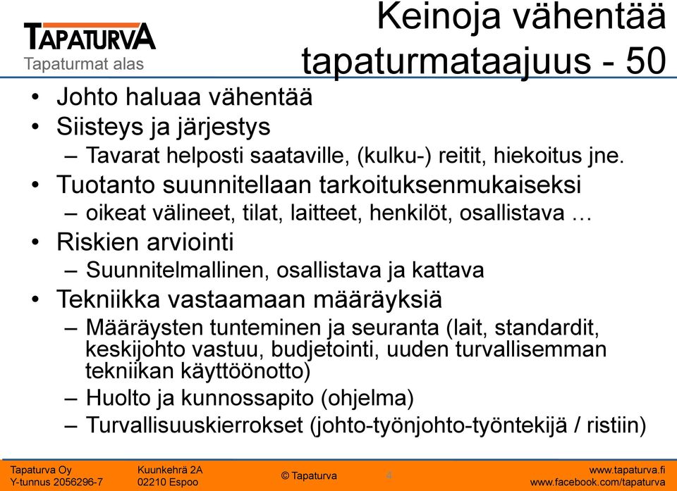 osallistava ja kattava Tekniikka vastaamaan määräyksiä Määräysten tunteminen ja seuranta (lait, standardit, keskijohto vastuu, budjetointi,