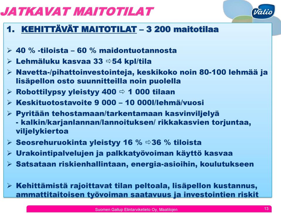 suunnitteilla noin puolella Robottilypsy yleistyy 400 1 000 tilaan Keskituotostavoite 9 000 10 000l/lehmä/vuosi Pyritään tehostamaan/tarkentamaan kasvinviljelyä - kalkin/karjanlannan/lannoituksen/