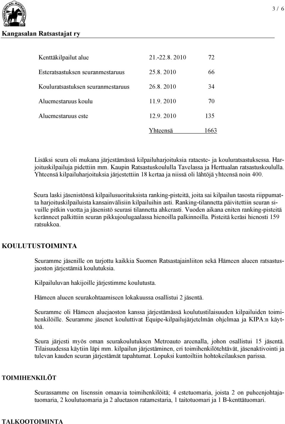 Kaupin Ratsastuskoululla Tavelassa ja Herttualan ratsastuskoululla. Yhteensä kilpailuharjoituksia järjestettiin 18 kertaa ja niissä oli lähtöjä yhteensä noin 400.