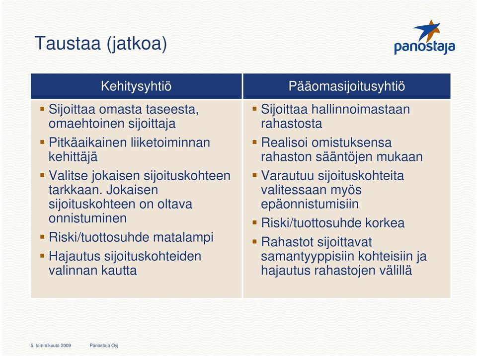 Jokaisen sijoituskohteen on oltava onnistuminen Riski/tuottosuhde matalampi Hajautus sijoituskohteiden valinnan kautta