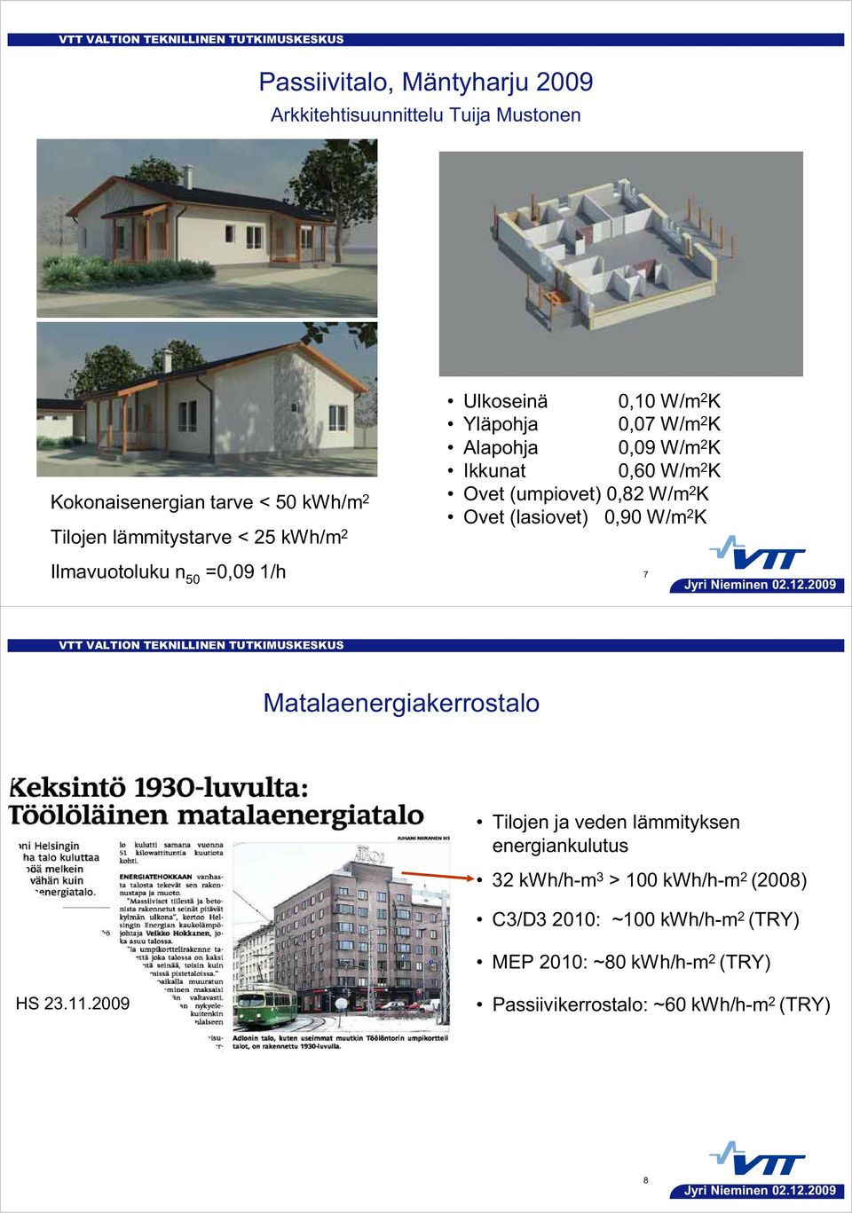 (umpiovet) 0,82 W/m 2 K Ovet (lasiovet) 0,90 W/m 2 K 7 Matalaenergiakerrostalo Tilojen ja veden lämmityksen energiankulutus 32 kwh/h-m